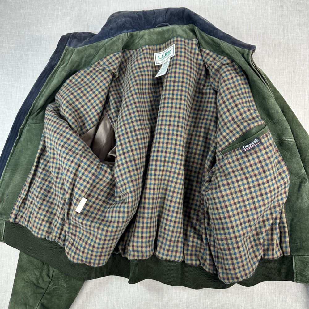 L.L. Bean Bomber Jacket Mens L Green Nubuck Leather Thinsulate Plaid Vintage - Picture 5 of 16